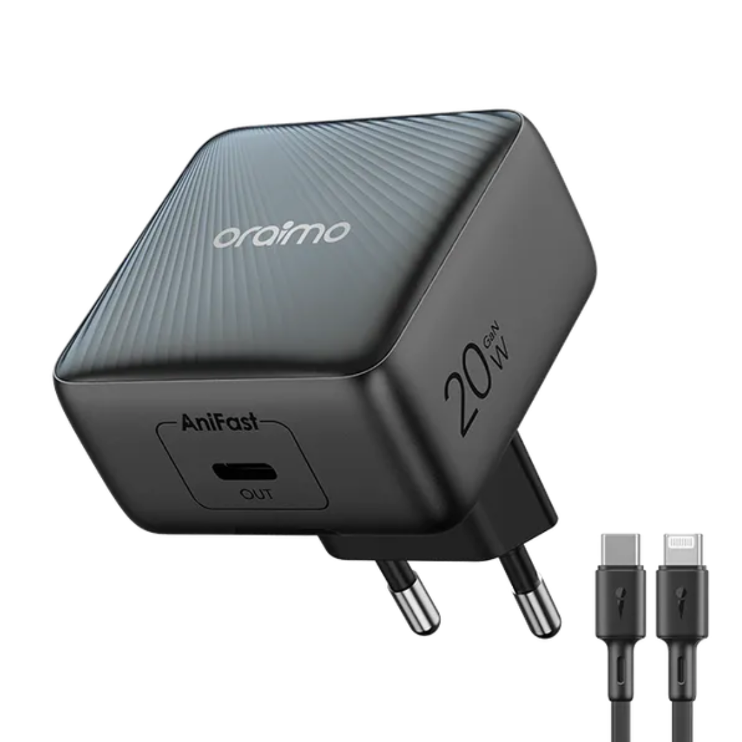 Oraimo Powercube 20 Chic 20w Gan Wall Charger + Type C-lightning Cable Black
